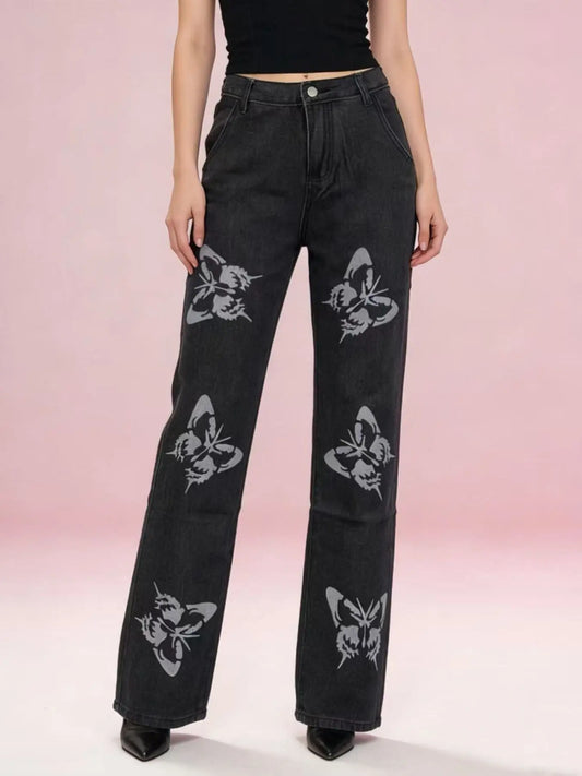 Butterfly Print High-Waisted Wide Leg Jeans COOLANDBAG