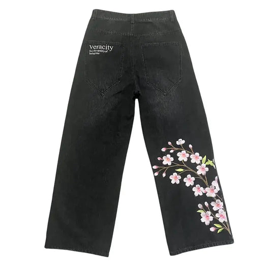 Y2K – jean délavé en détresse pour hommes et femmes, Vintage, motif de fleurs de cerisier brodé, taille haute, jambes larges, mode Streetwear COOLANDBAG