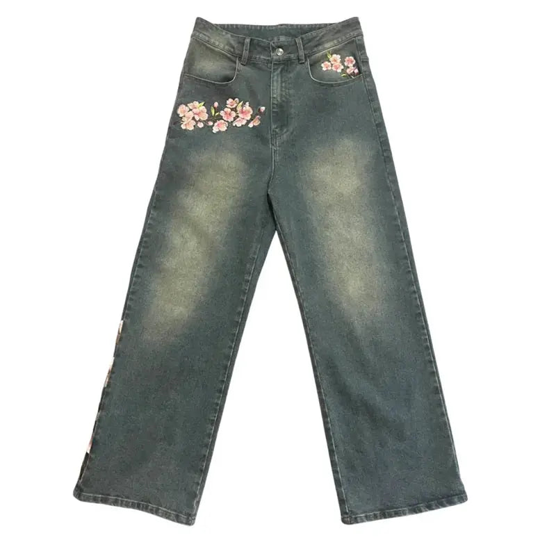Y2K – jean délavé en détresse pour hommes et femmes, Vintage, motif de fleurs de cerisier brodé, taille haute, jambes larges, mode Streetwear COOLANDBAG