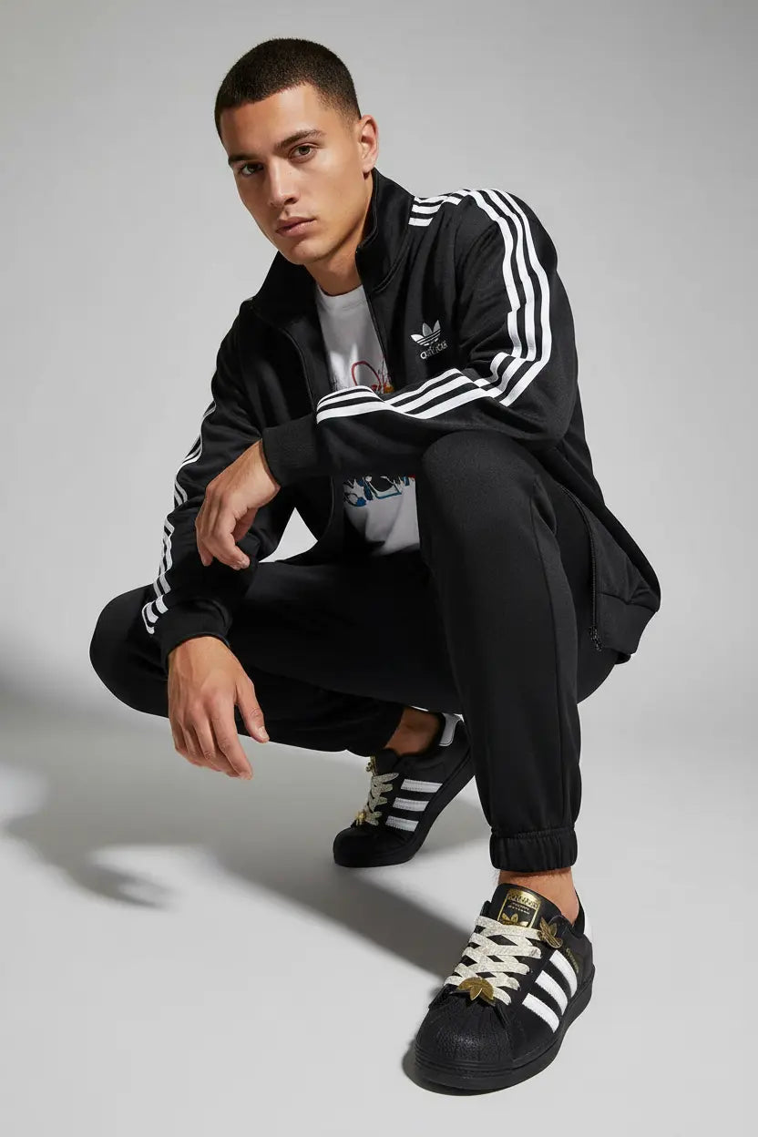Mannequin homme en pose accroupie portant les Adidas Superstar