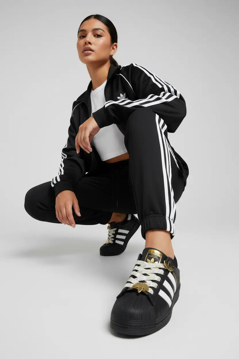 Mannequin femme en pose accroupie portant les Adidas Superstar