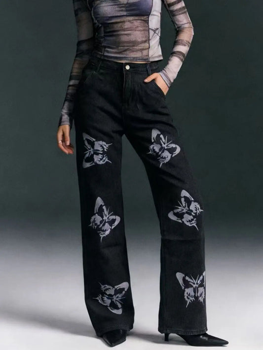 Butterfly Print High-Waisted Wide Leg Jeans  COOLANDBAG