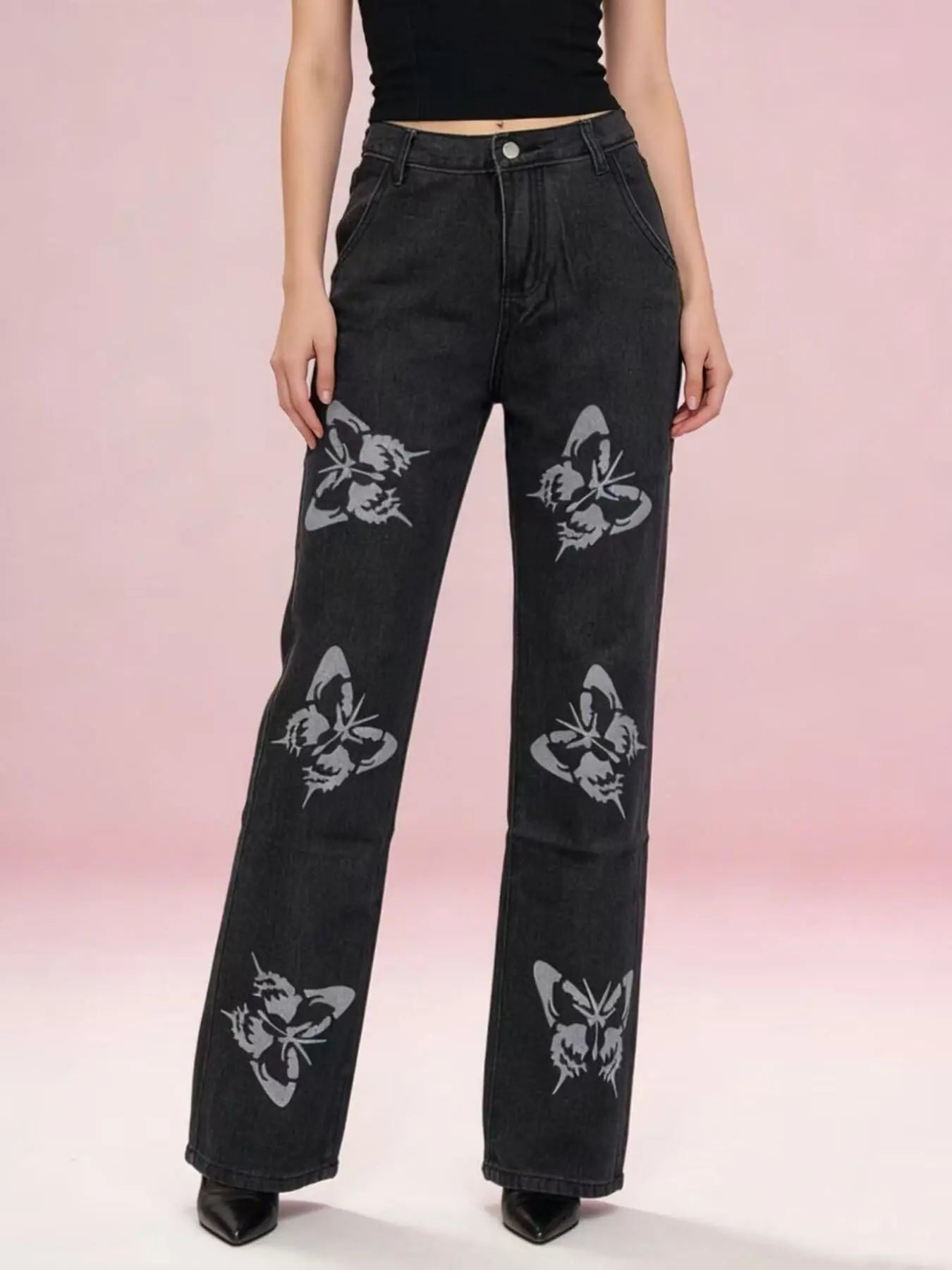 Butterfly Print High-Waisted Wide Leg Jeans  COOLANDBAG