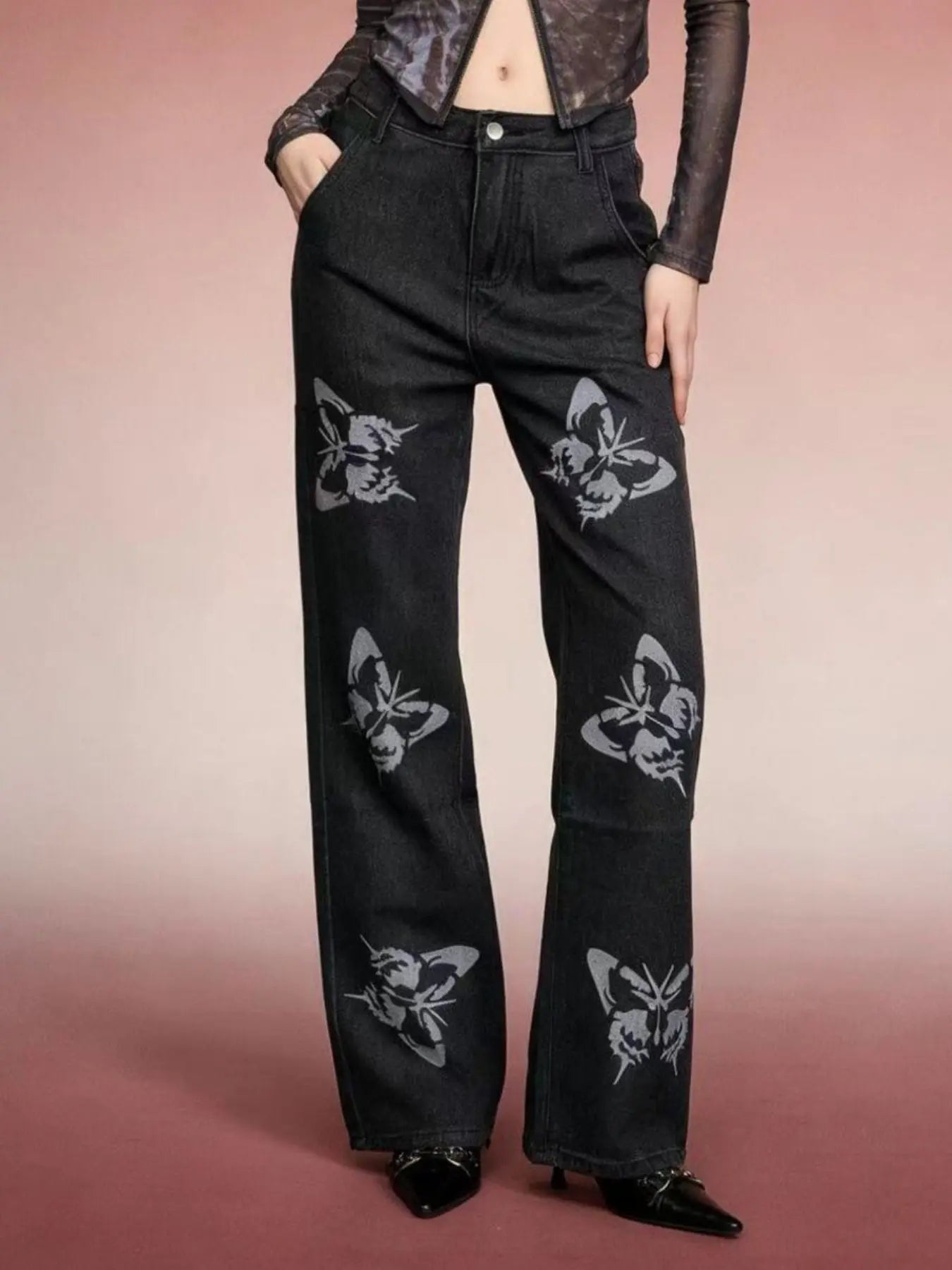 Butterfly Print High-Waisted Wide Leg Jeans  COOLANDBAG
