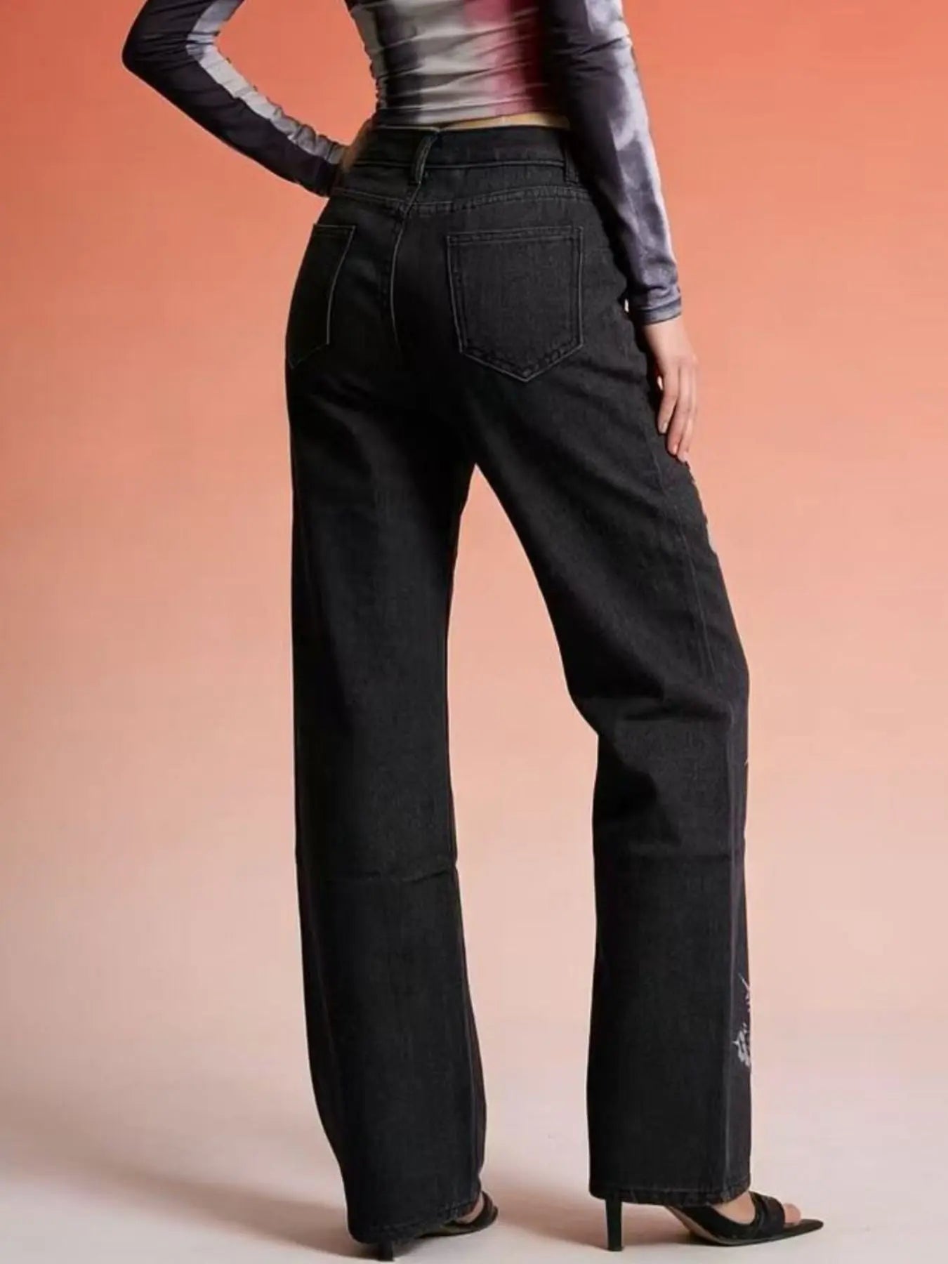 Butterfly Print High-Waisted Wide Leg Jeans  COOLANDBAG