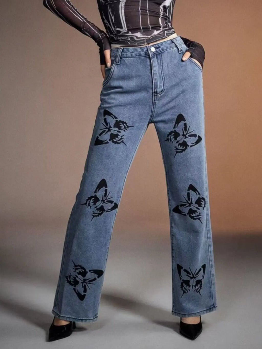 Butterfly Print High-Waisted Wide Leg Jeans  COOLANDBAG