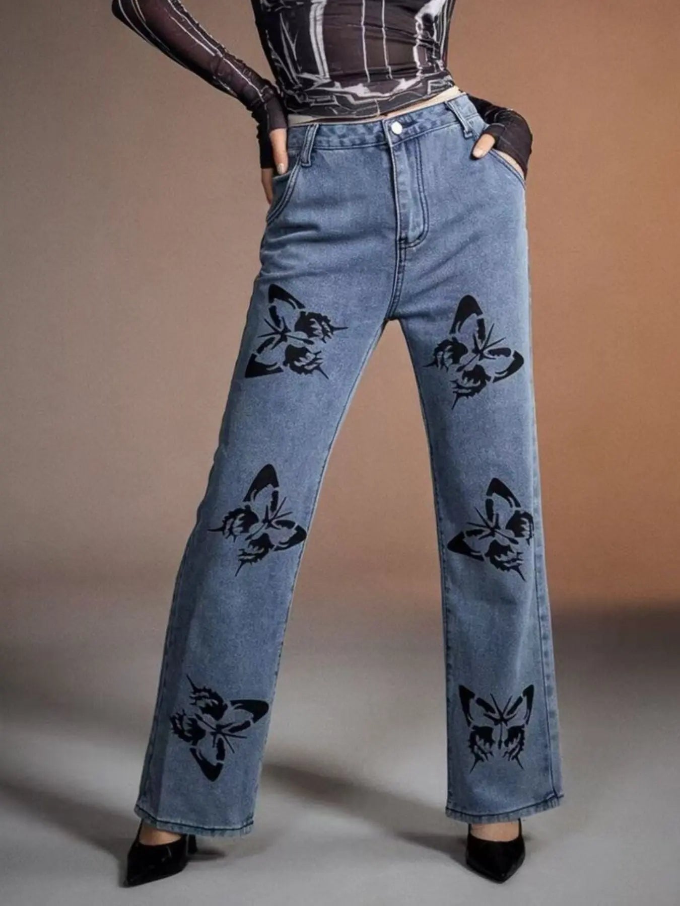 Butterfly Print High-Waisted Wide Leg Jeans  COOLANDBAG
