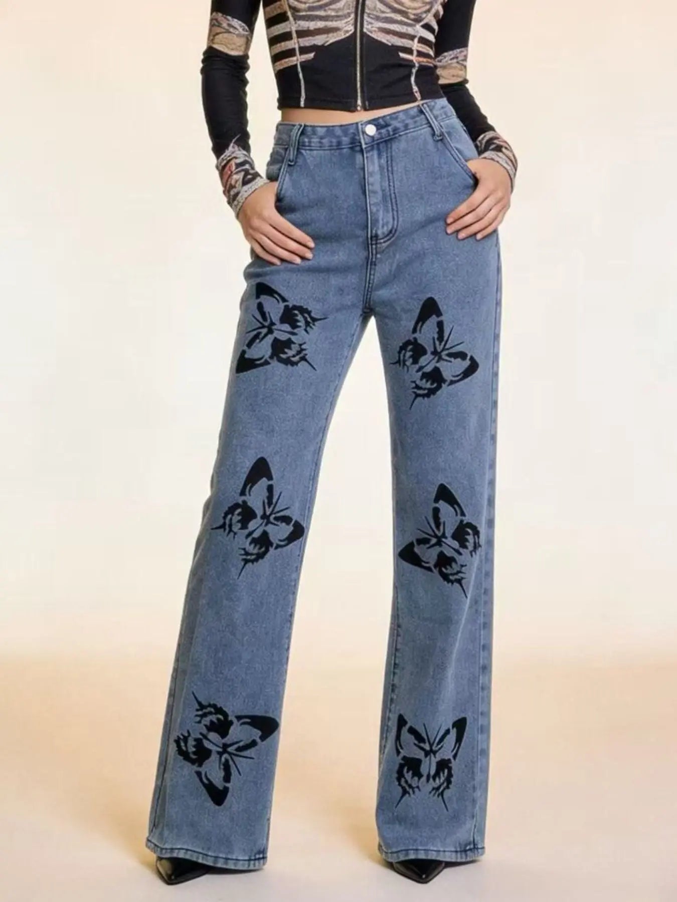 Butterfly Print High-Waisted Wide Leg Jeans  COOLANDBAG