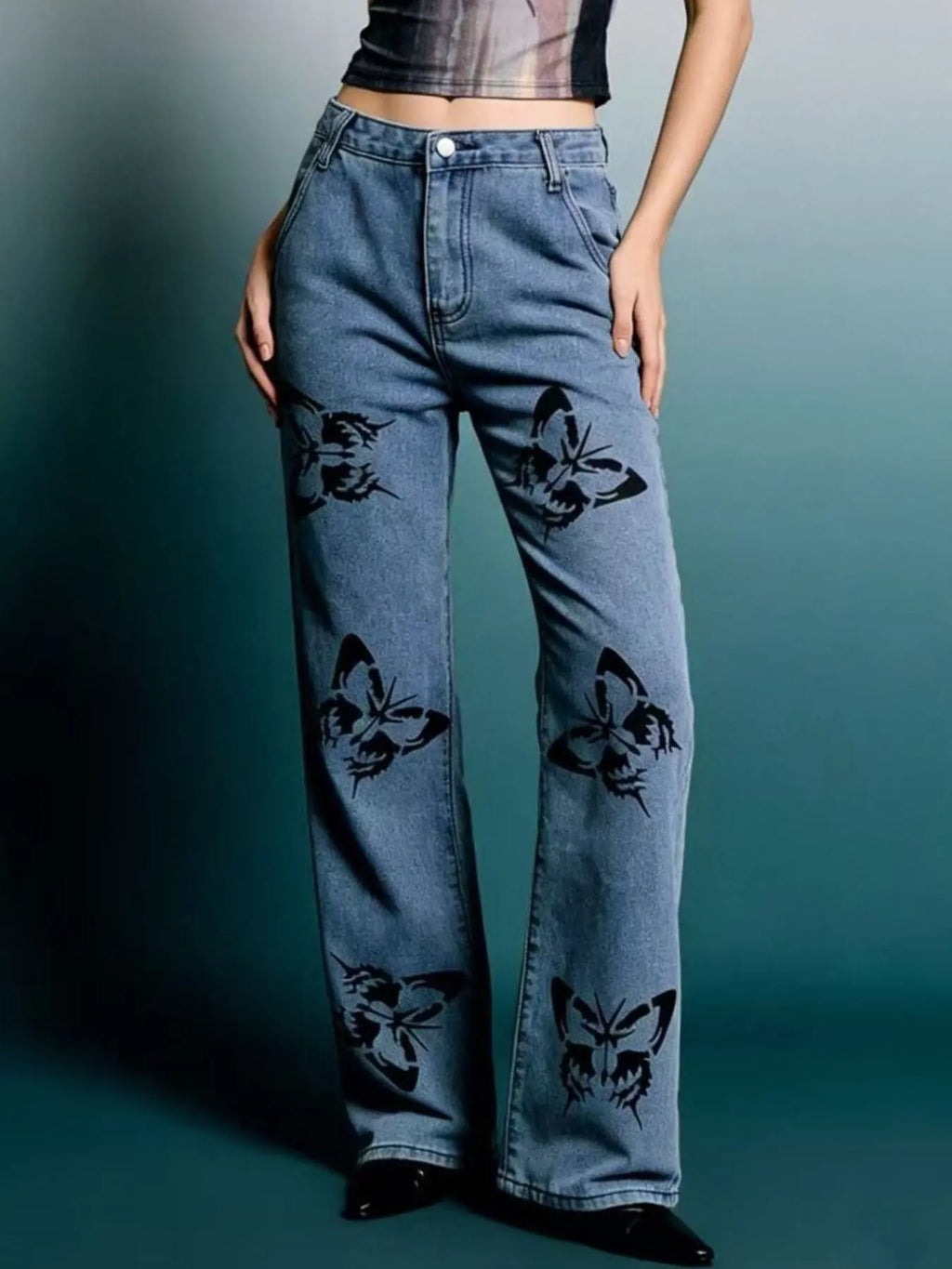 Butterfly Print High-Waisted Wide Leg Jeans  COOLANDBAG