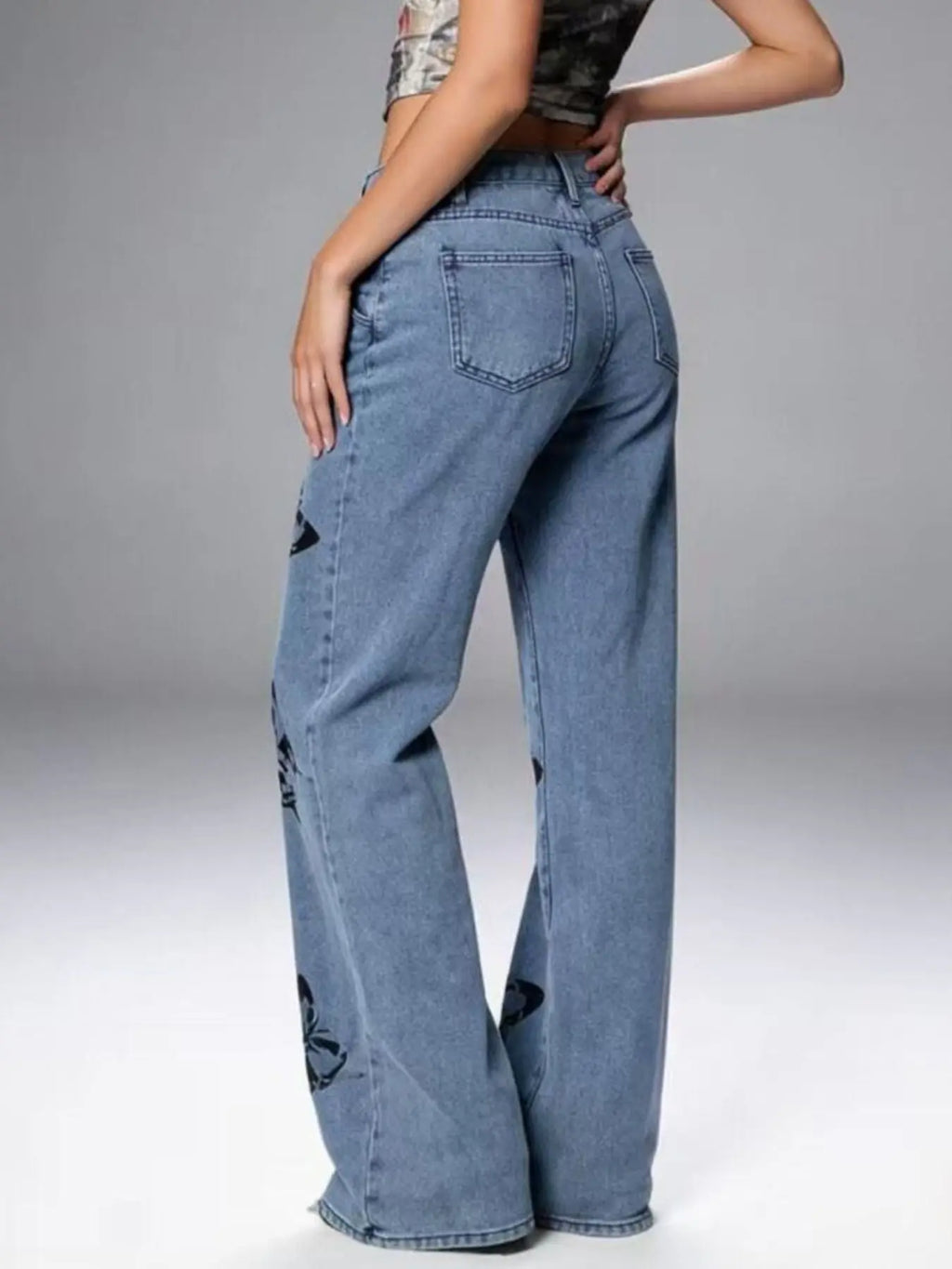 Butterfly Print High-Waisted Wide Leg Jeans  COOLANDBAG