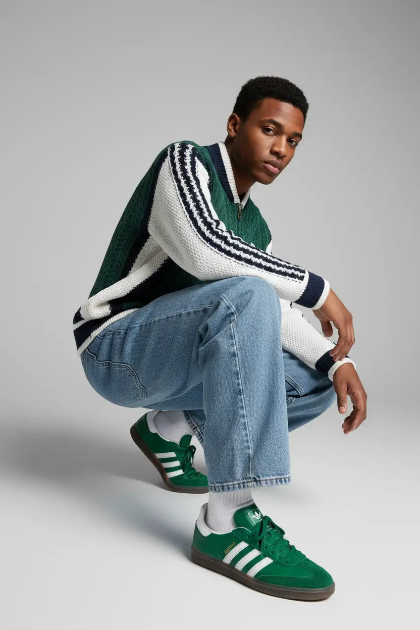 Mannequin masculin portant le cardigan Adidas vert en pose accroupie dynamique