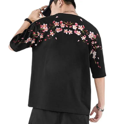 Japon Style Sakura broderie hommes Floral à manches courtes T-Shirt 2025 nouveau 100% coton décontracté été hauts noir/blanc  COOLANDBAG