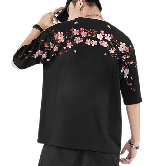 Japon Style Sakura broderie hommes Floral à manches courtes T-Shirt 2025 nouveau 100% coton décontracté été hauts noir/blanc  COOLANDBAG