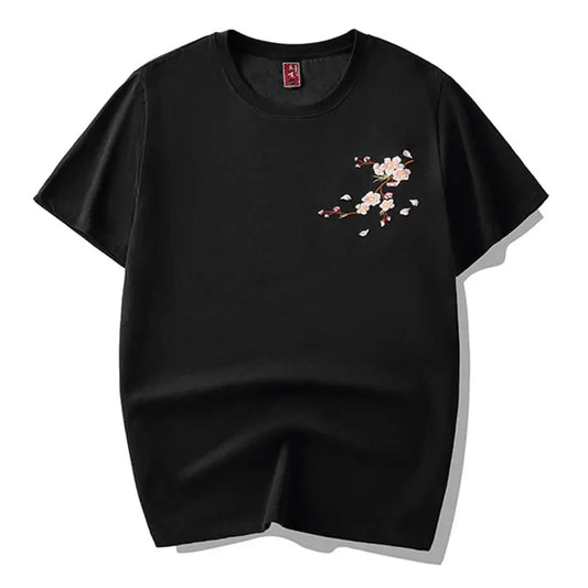 Japon Style Sakura broderie hommes Floral à manches courtes T-Shirt 2025 nouveau 100% coton décontracté été hauts noir/blanc  COOLANDBAG