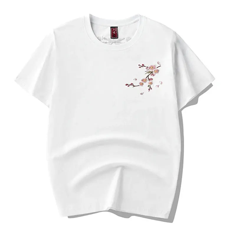 Japon Style Sakura broderie hommes Floral à manches courtes T-Shirt 2025 nouveau 100% coton décontracté été hauts noir/blanc  COOLANDBAG
