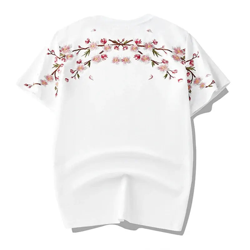Japon Style Sakura broderie hommes Floral à manches courtes T-Shirt 2025 nouveau 100% coton décontracté été hauts noir/blanc  COOLANDBAG