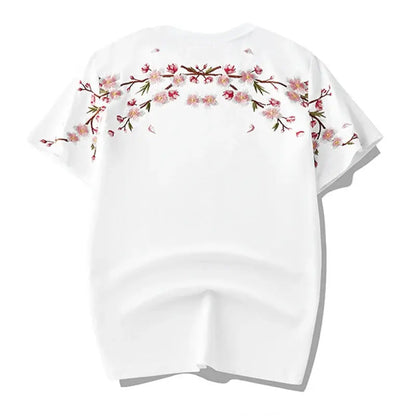 Japon Style Sakura broderie hommes Floral à manches courtes T-Shirt 2025 nouveau 100% coton décontracté été hauts noir/blanc  COOLANDBAG