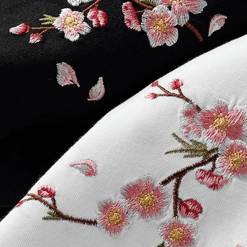 Japon Style Sakura broderie hommes Floral à manches courtes T-Shirt 2025 nouveau 100% coton décontracté été hauts noir/blanc  COOLANDBAG