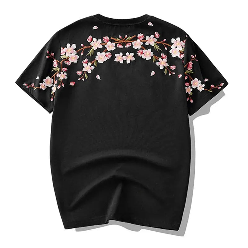 Japon Style Sakura broderie hommes Floral à manches courtes T-Shirt 2025 nouveau 100% coton décontracté été hauts noir/blanc  COOLANDBAG