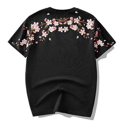 Japon Style Sakura broderie hommes Floral à manches courtes T-Shirt 2025 nouveau 100% coton décontracté été hauts noir/blanc  COOLANDBAG