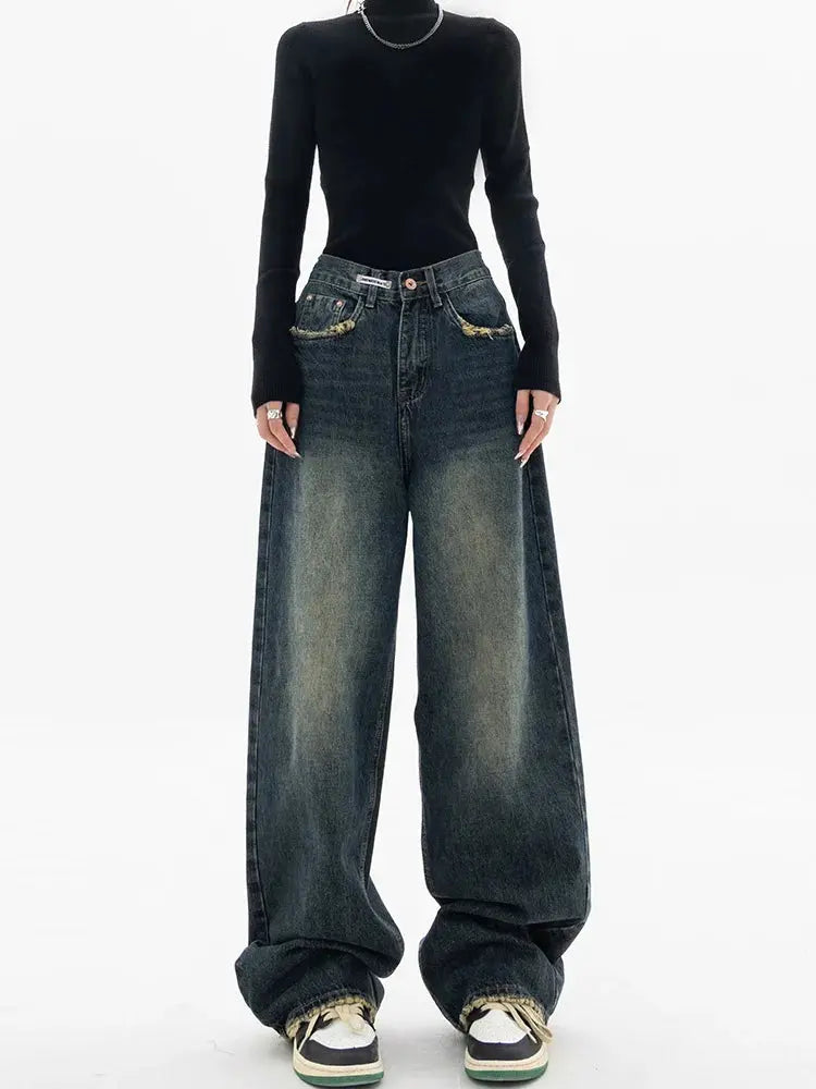 Jean à Jambes Larges en Denim pour Femme, Taille Haute, Style Vintage BF, Harajuku, Streetwear, Printemps Automne  COOLANDBAG