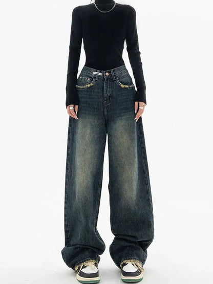 Jean à Jambes Larges en Denim pour Femme, Taille Haute, Style Vintage BF, Harajuku, Streetwear, Printemps Automne  COOLANDBAG