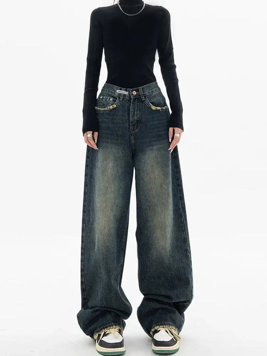 Jean à Jambes Larges en Denim pour Femme, Taille Haute, Style Vintage BF, Harajuku, Streetwear, Printemps Automne  COOLANDBAG