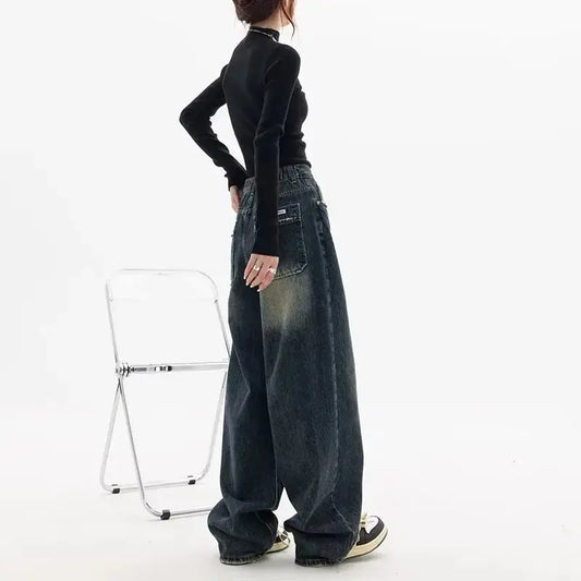 Jean à Jambes Larges en Denim pour Femme, Taille Haute, Style Vintage BF, Harajuku, Streetwear, Printemps Automne  COOLANDBAG