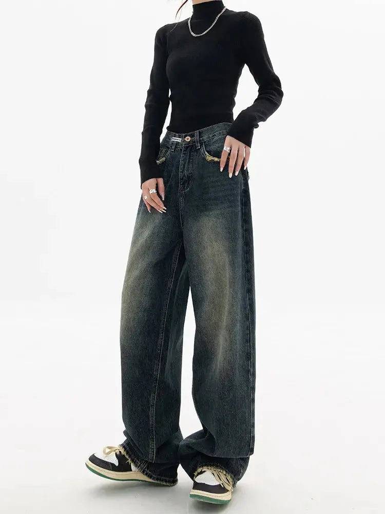 Jean à Jambes Larges en Denim pour Femme, Taille Haute, Style Vintage BF, Harajuku, Streetwear, Printemps Automne  COOLANDBAG