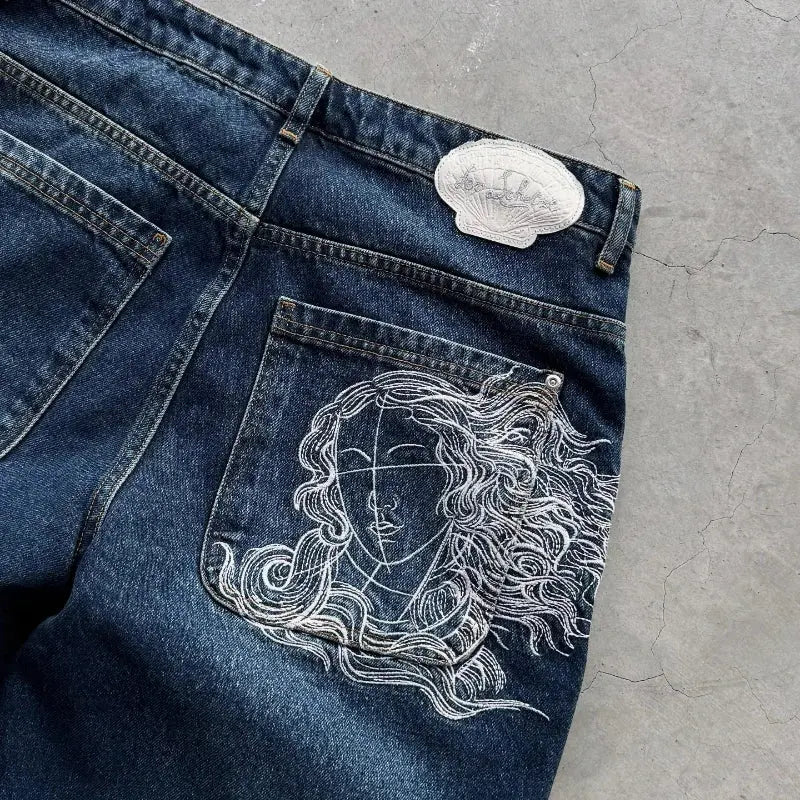 Jean bleu délavé Baggy pour hommes, rétro américain, gothique, broderie graphique, Y2K, Harajuku, Hip-Hop, pour Couples, décontracté, Joker, Streetwear  COOLANDBAG