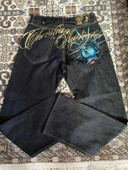 Jean bleu délavé Baggy pour hommes, rétro américain, gothique, broderie graphique, Y2K, Harajuku, Hip-Hop, pour Couples, décontracté, Joker, Streetwear  COOLANDBAG