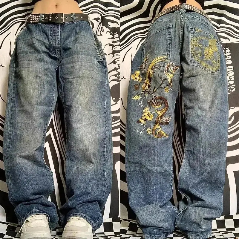 Jean bleu délavé Baggy pour hommes, rétro américain, gothique, broderie graphique, Y2K, Harajuku, Hip-Hop, pour Couples, décontracté, Joker, Streetwear  COOLANDBAG