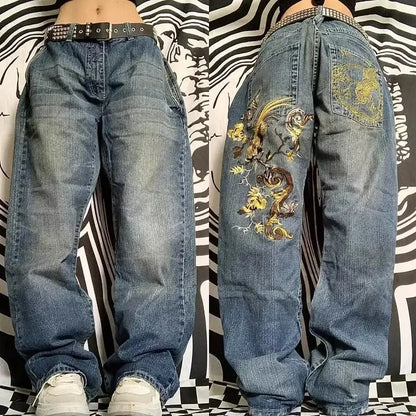 Jean bleu délavé Baggy pour hommes, rétro américain, gothique, broderie graphique, Y2K, Harajuku, Hip-Hop, pour Couples, décontracté, Joker, Streetwear  COOLANDBAG