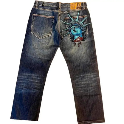 Jean bleu délavé Baggy pour hommes, rétro américain, gothique, broderie graphique, Y2K, Harajuku, Hip-Hop, pour Couples, décontracté, Joker, Streetwear  COOLANDBAG