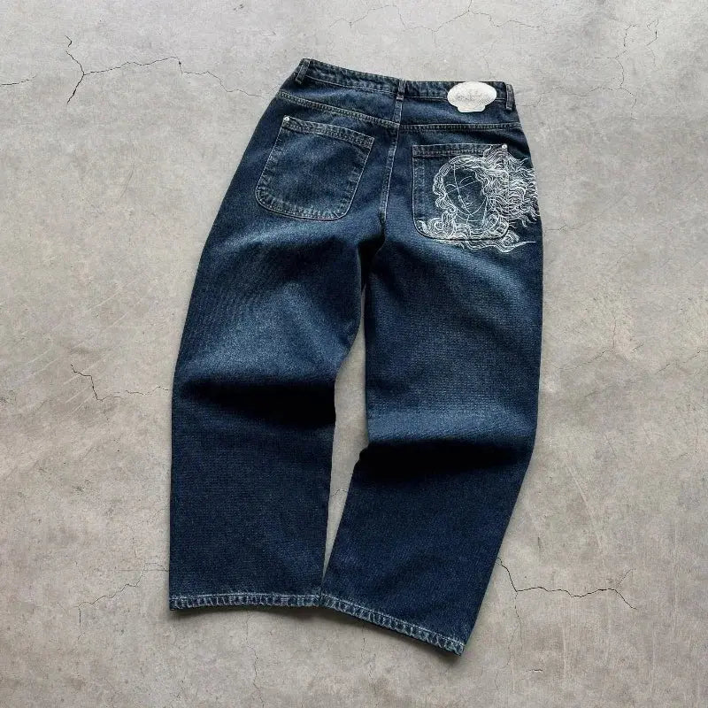 Jean bleu délavé Baggy pour hommes, rétro américain, gothique, broderie graphique, Y2K, Harajuku, Hip-Hop, pour Couples, décontracté, Joker, Streetwear  COOLANDBAG