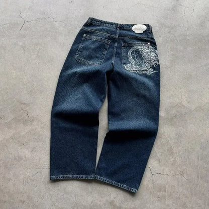 Jean bleu délavé Baggy pour hommes, rétro américain, gothique, broderie graphique, Y2K, Harajuku, Hip-Hop, pour Couples, décontracté, Joker, Streetwear  COOLANDBAG