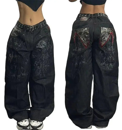 Jean bleu délavé Baggy pour hommes, rétro américain, gothique, broderie graphique, Y2K, Harajuku, Hip-Hop, pour Couples, décontracté, Joker, Streetwear  COOLANDBAG