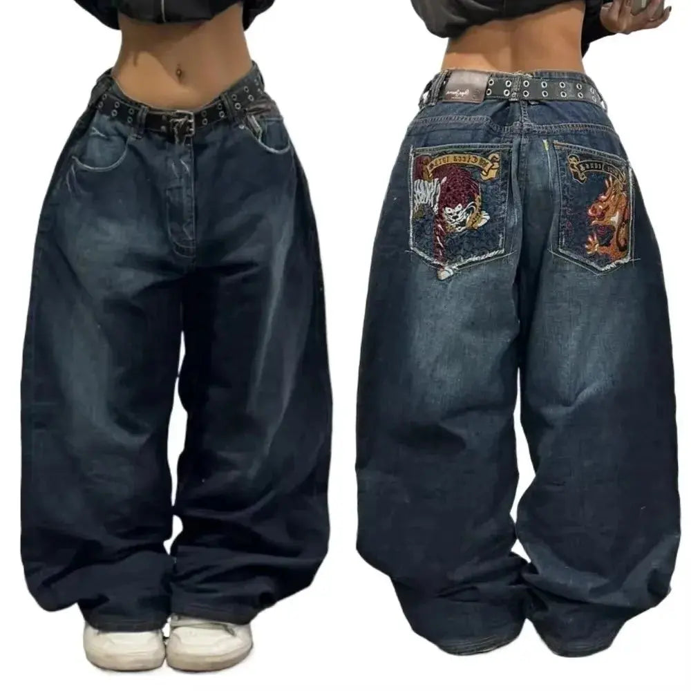 Jean bleu délavé Baggy pour hommes, rétro américain, gothique, broderie graphique, Y2K, Harajuku, Hip-Hop, pour Couples, décontracté, Joker, Streetwear  COOLANDBAG