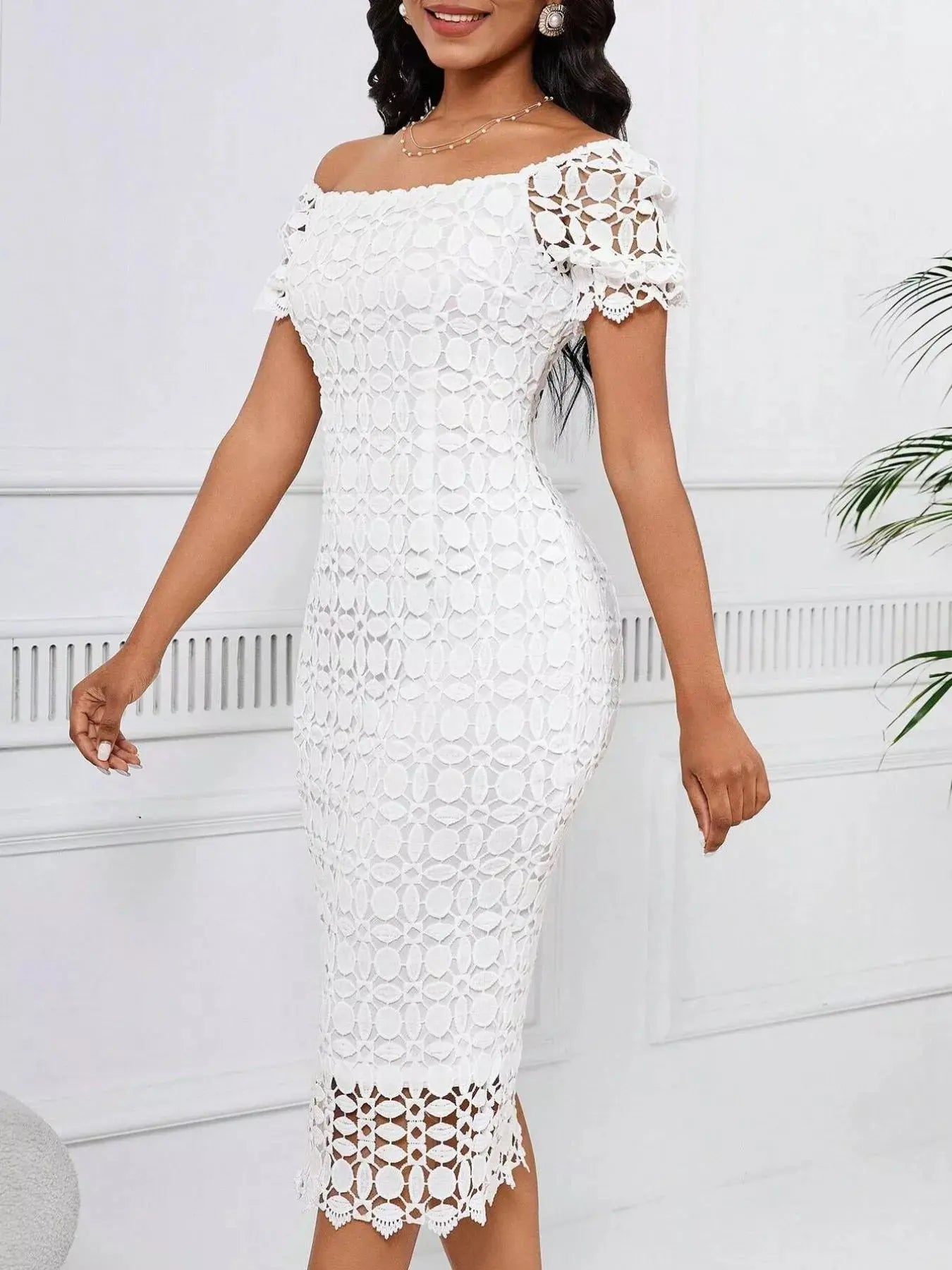 Lace Short Sleeve Midi Dress  COOLANDBAG