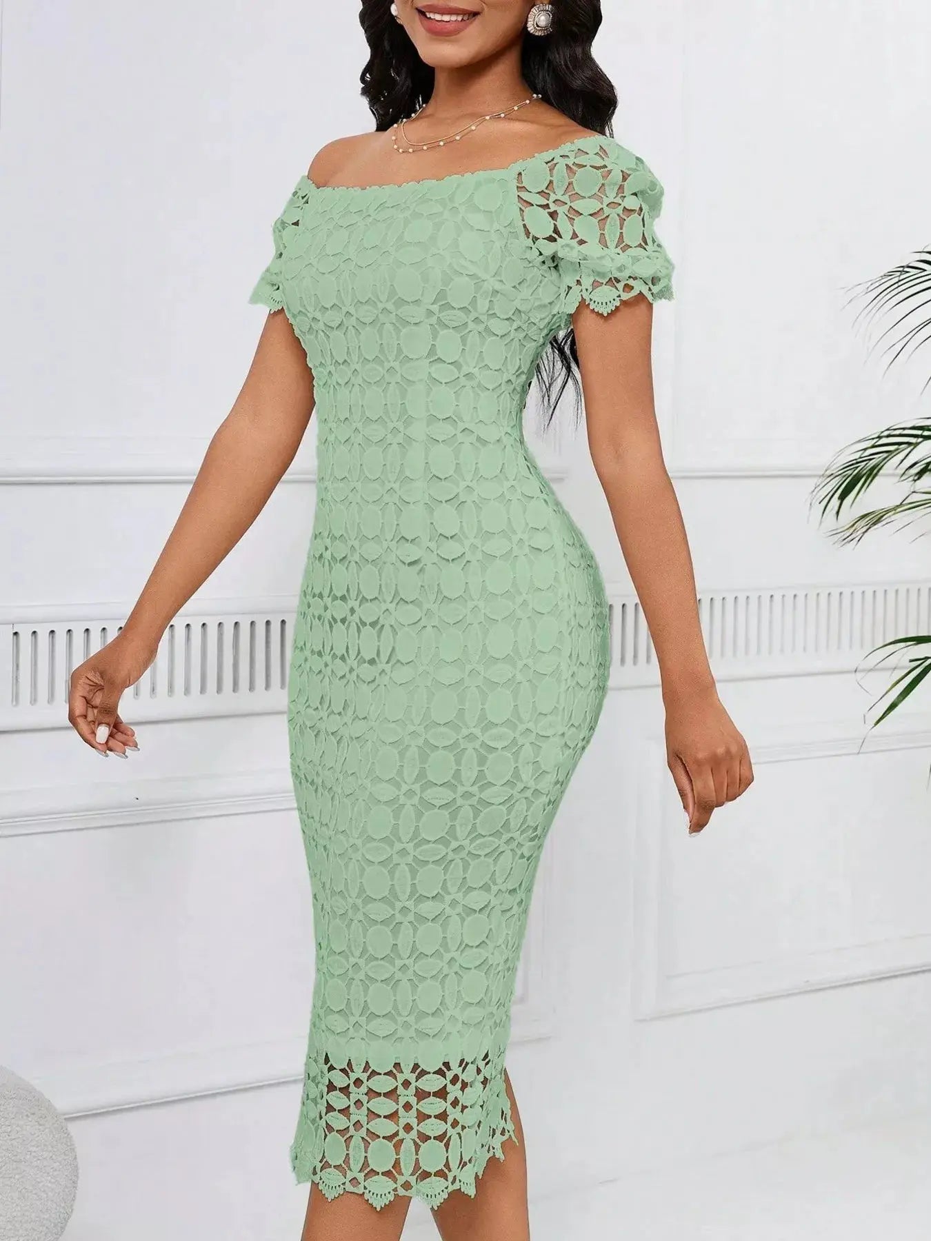 Lace Short Sleeve Midi Dress  COOLANDBAG