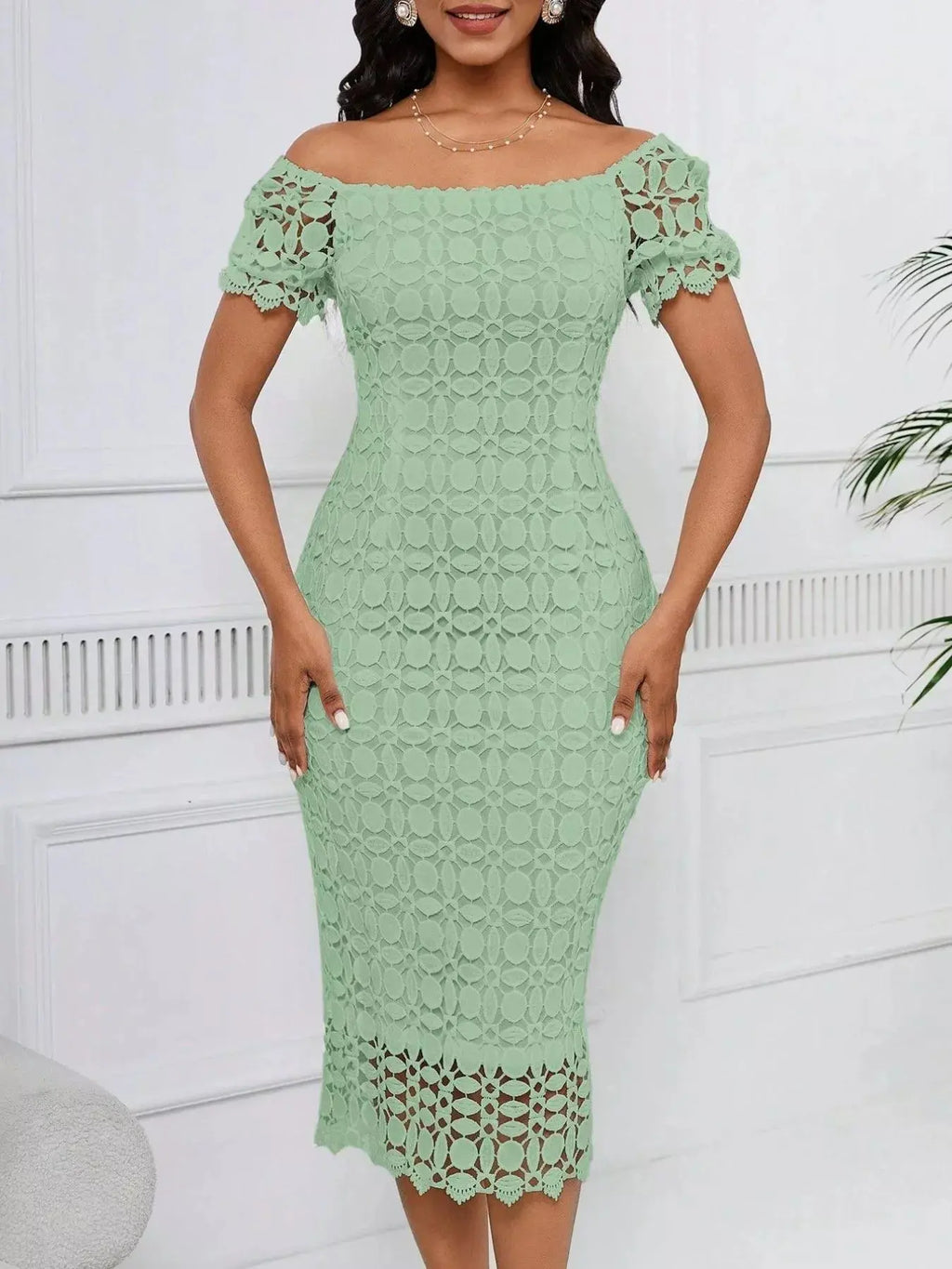 Lace Short Sleeve Midi Dress  COOLANDBAG