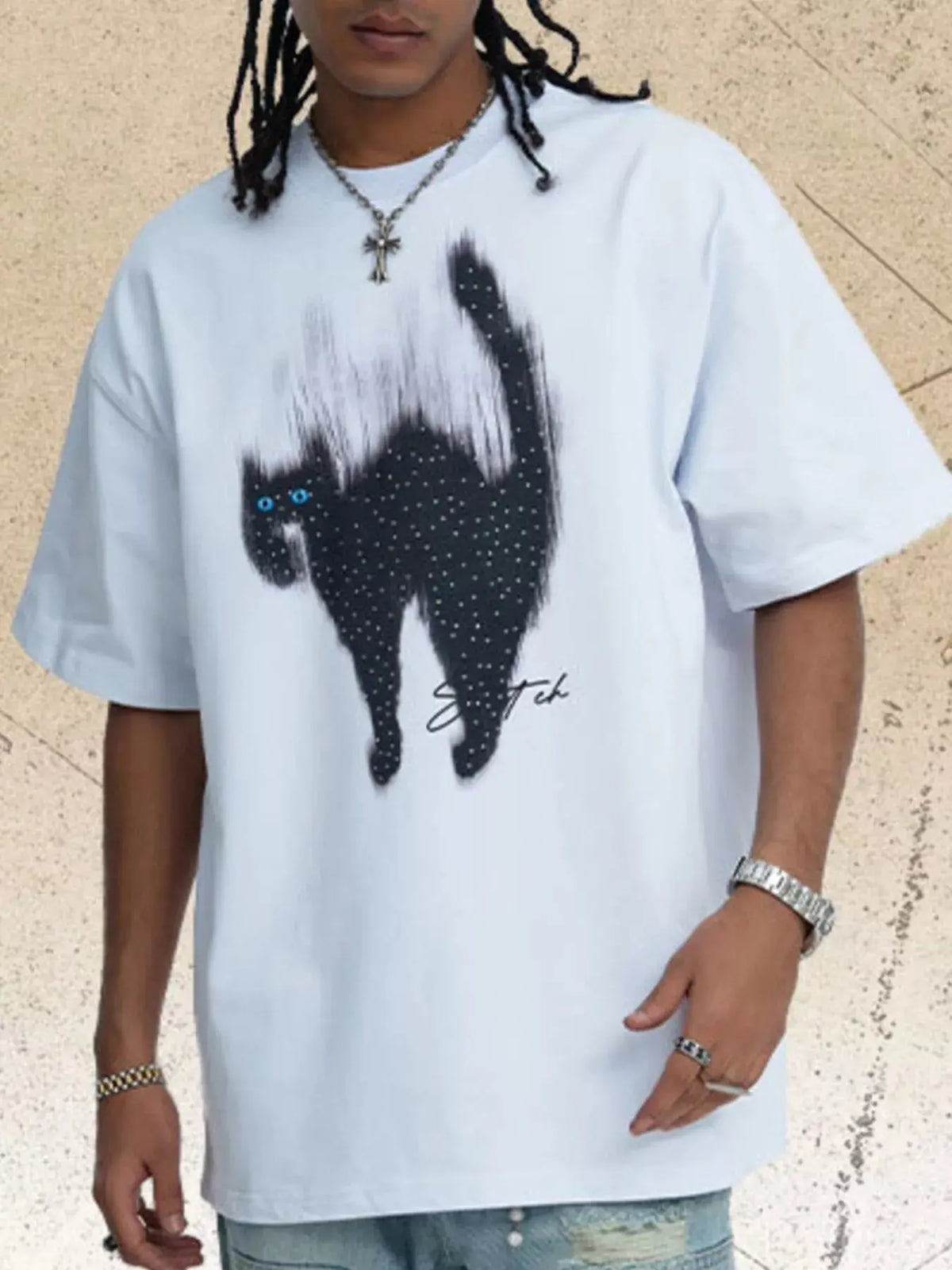 T-Shirt Imprimé Chat Manches Courtes Homme