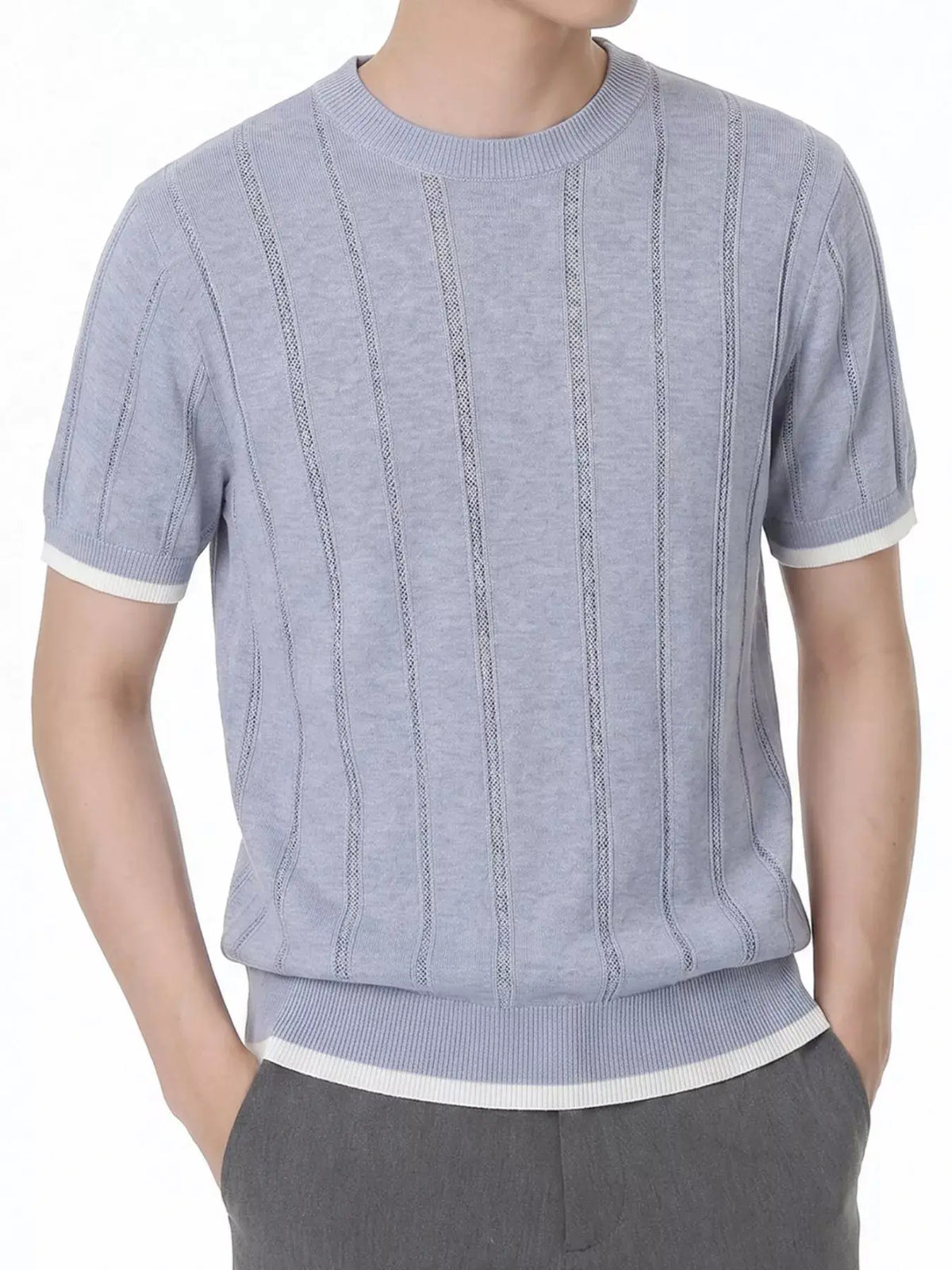 T-Shirt en Maille à Liserés Contrastés Homme