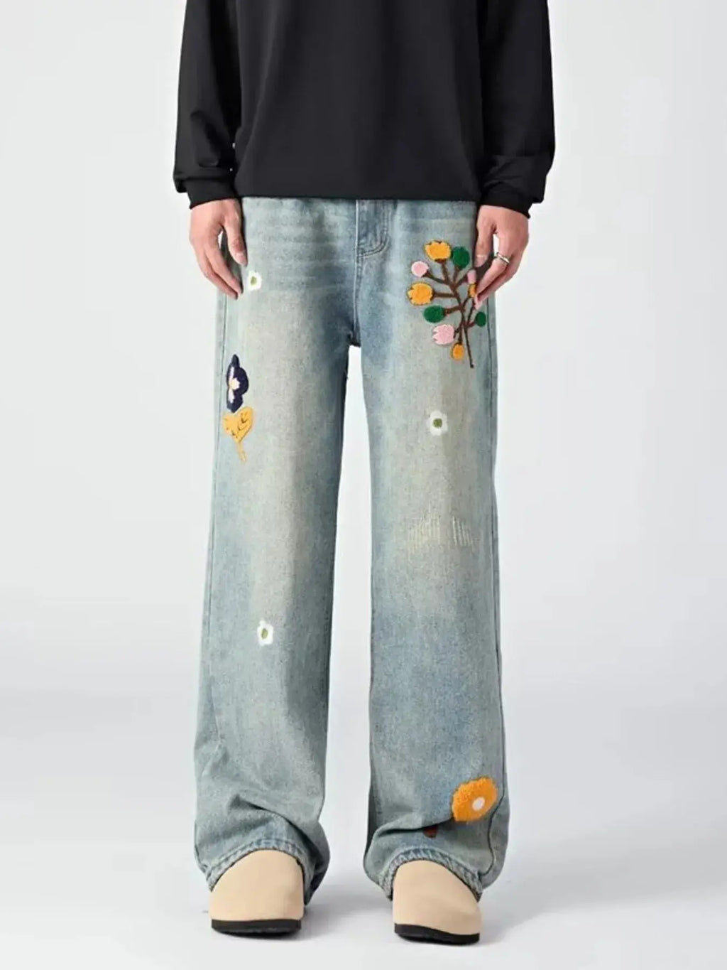 Men's Embroidered Wide Leg Jeans  COOLANDBAG
