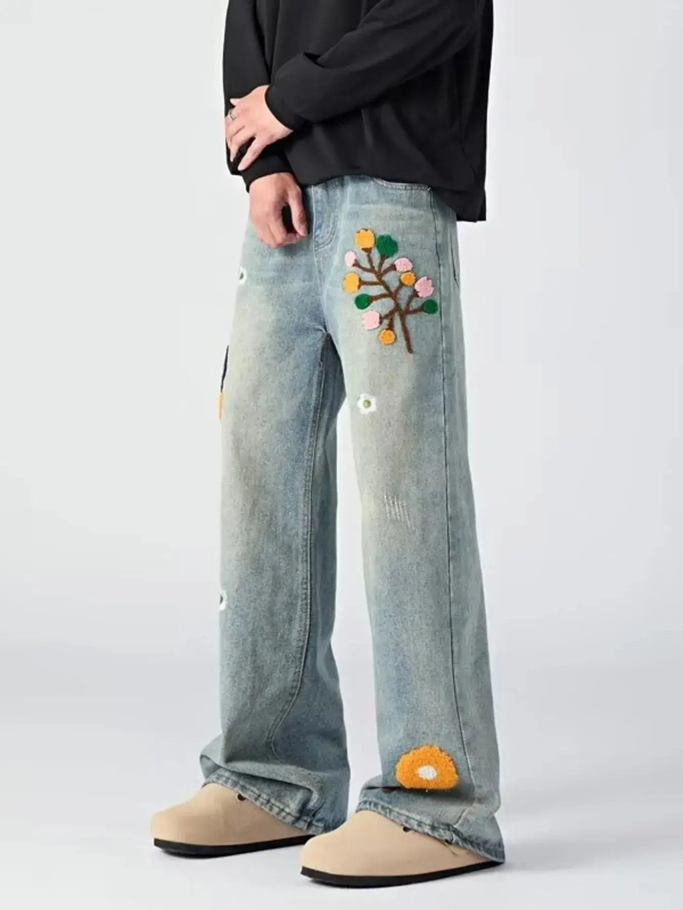 Men's Embroidered Wide Leg Jeans  COOLANDBAG