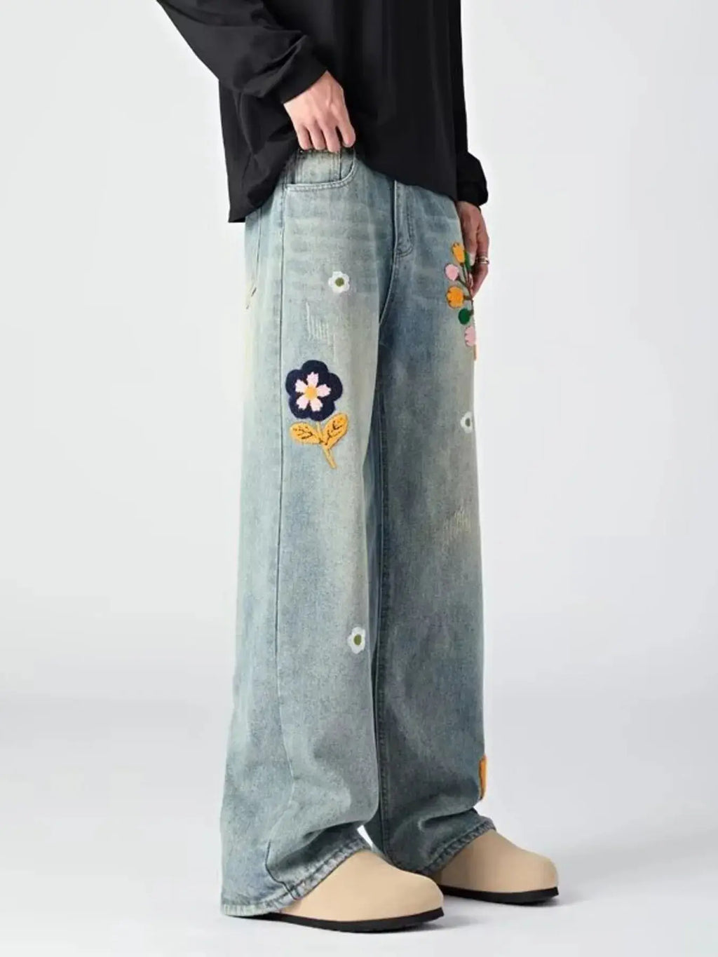 Men's Embroidered Wide Leg Jeans  COOLANDBAG