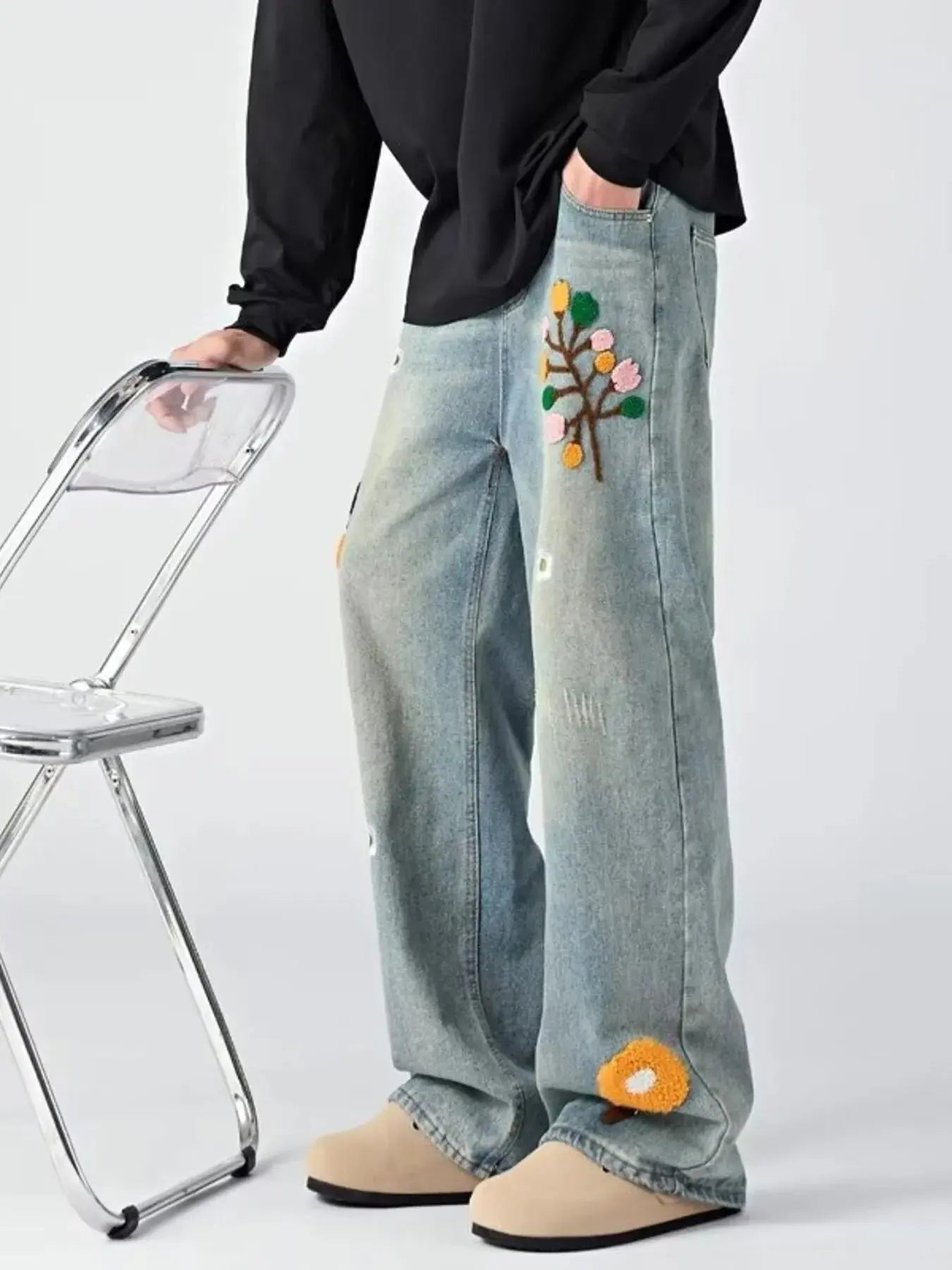 Men's Embroidered Wide Leg Jeans  COOLANDBAG