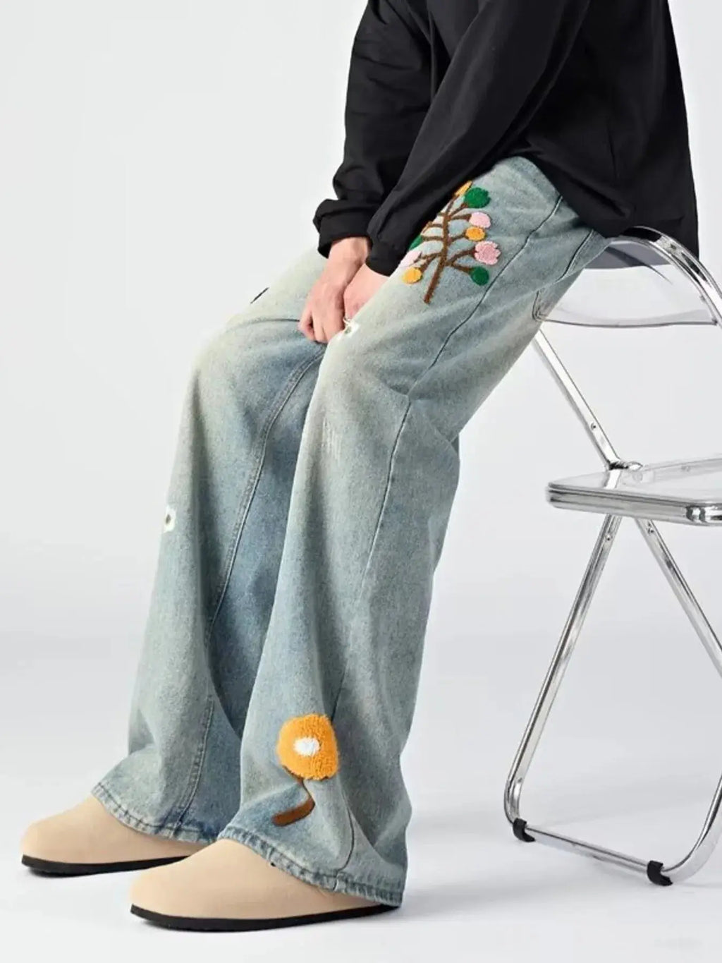 Men's Embroidered Wide Leg Jeans  COOLANDBAG