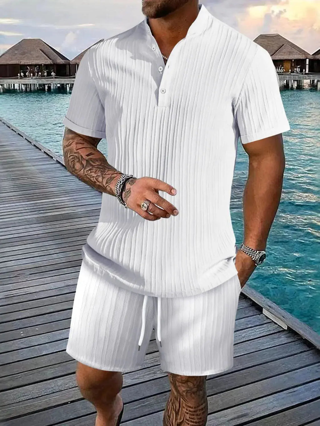 Men's Full Size Button Detail Short Sleeve Top and Shorts Set Plus Size  COOLANDBAG