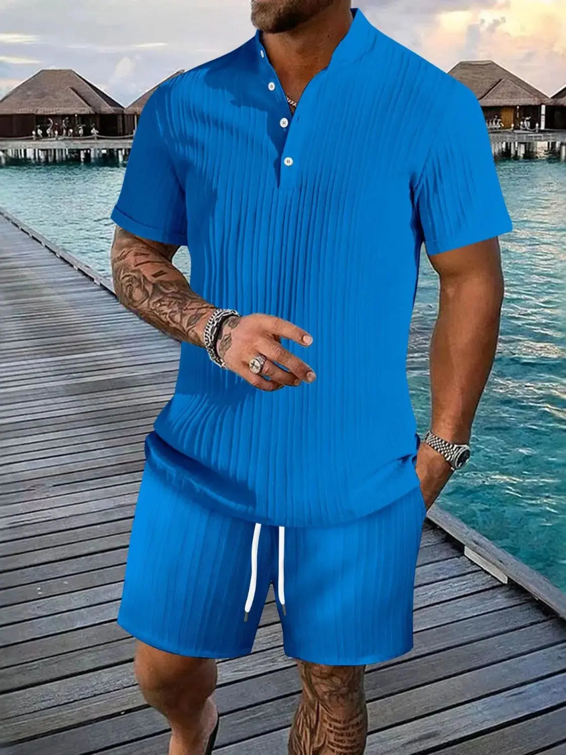 Men's Full Size Button Detail Short Sleeve Top and Shorts Set Plus Size  COOLANDBAG